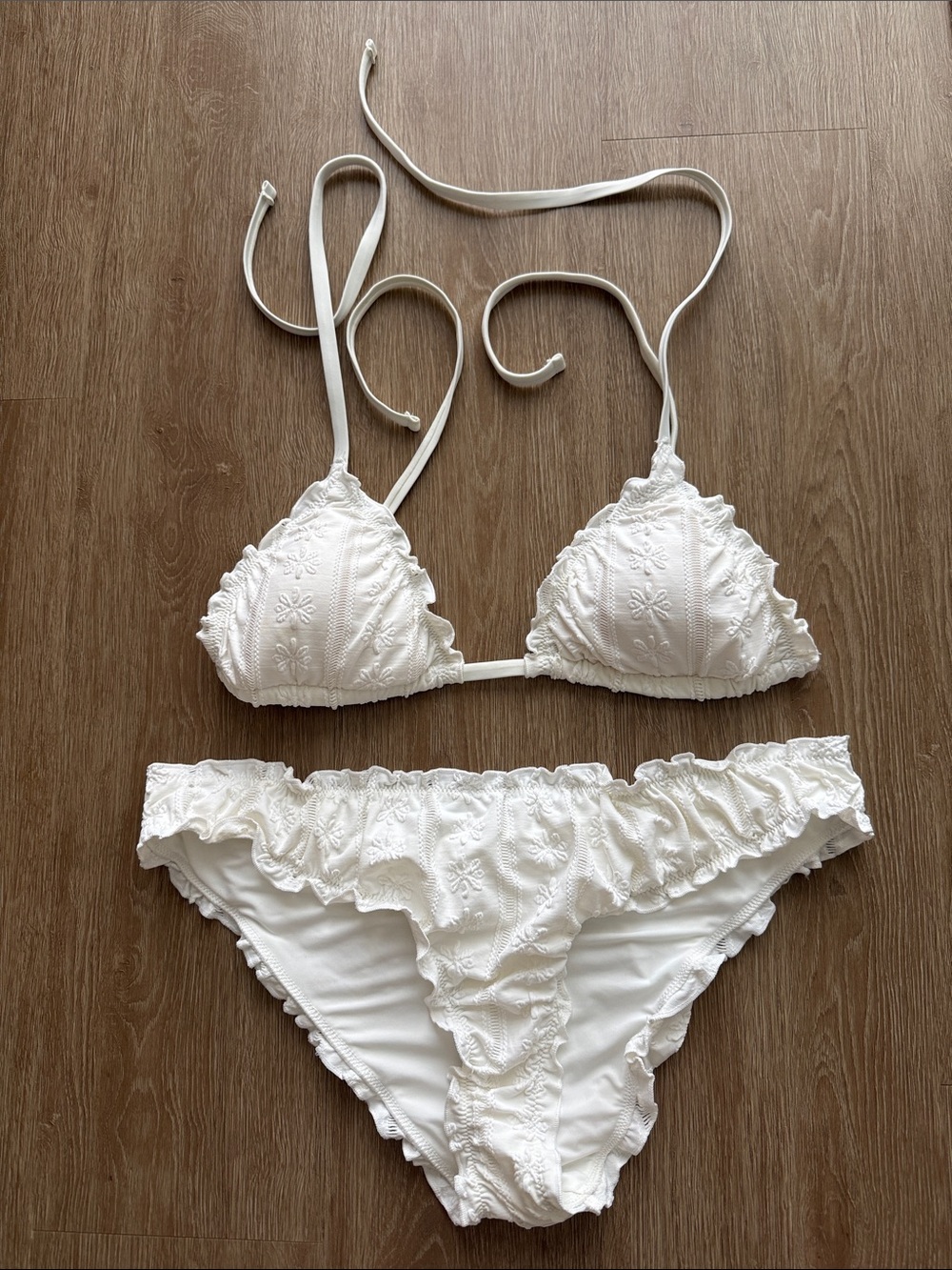 Aerie White Ruffled Embroidered Triangle Bikini Set